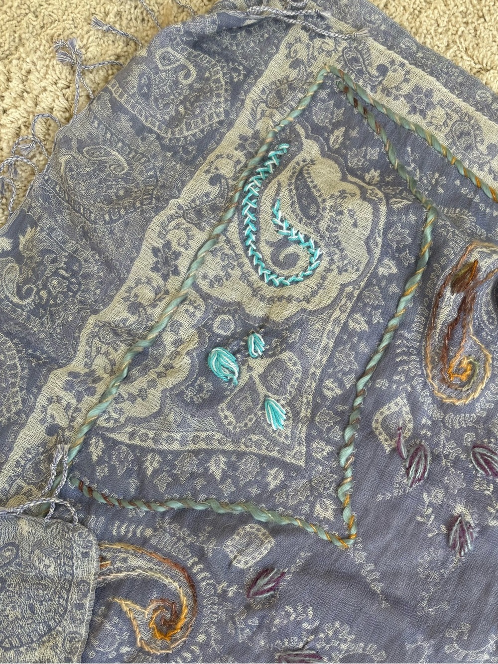 Hand Embroidered Wool Shawl/Wrap Violet Purple Wool Stitch on Paisley 29” x 66”